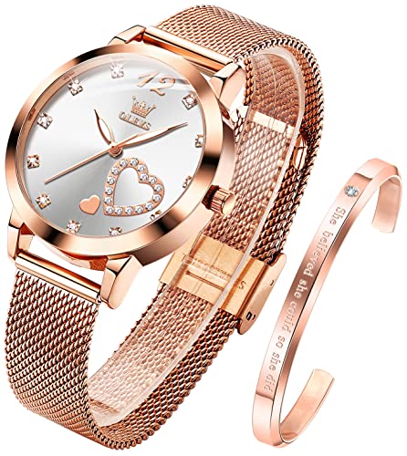OLEVS Women's Rose Gold Watches Heart Diamond Japanese Quartz Movement Girls Ladies Wristwatch Big Face Waterproof Mesh Belt Watch and Bracelet Set Valentines Day Gifts