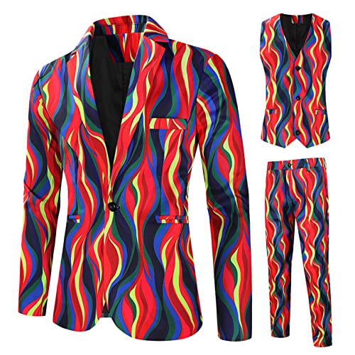 Sales Today Clearance Men's 3 Piece Slim Fit Suit Set Fall Fashion Print One Button Jacket Vest Pants Set Business Party Tuxedo Set Mens White Suit Coat Red 2X