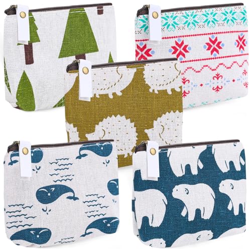 Koogel 5PCS Coin Purses, Canvas Zipper Change Purses Small Zipper Pouch 5 Styles Mini Canvas Purse Pouch Small Cosmetic Bag for Travel Women