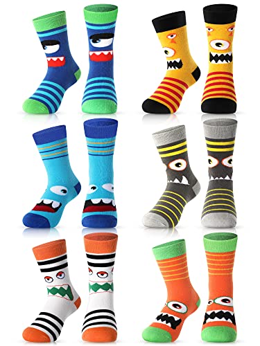 Jinei 6 Pairs Kids Monster Socks Pattern Cotton Crew Socks Boys Sports Novelty Girls Soft Funny Casual Fashion Breathable Socks (7-10 Years)