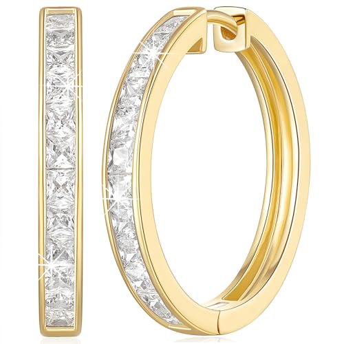 CHLOÉ LOVETT 14K Gold Hoop Earrings for Women Gold Diamond Hoop Earrings for Women Small Gold Huggie Hoop Earrings for Women Cute 14k Gold Earrings Hoops Gold Jewelry Dazzling Square Cubic Zirconia 13mm (Gold-25mm)