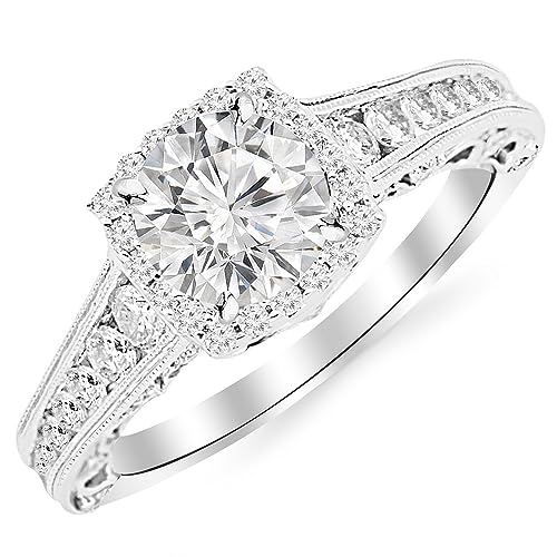 2.25 Carat 14K White Gold Vintage Halo Style Channel Set Round Brilliant Diamond Engagement Ring Milgrain with a 1.5 Carat Moissanite Center