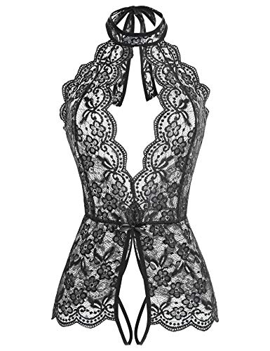Women One Piece Lingerie Lace Baby Dolls Teddy Deep V neck Halter Bodysuit Chemise Sleepwear (Dark Black, XL)
