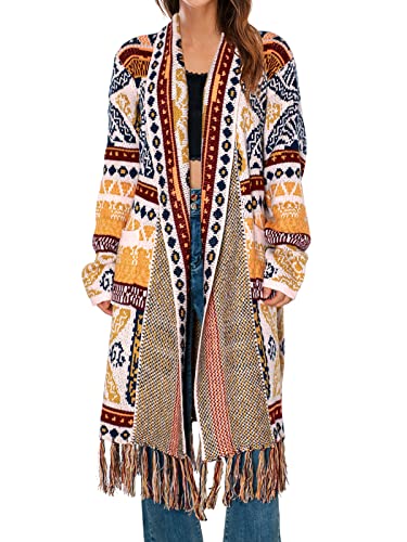 CGYY Women's Long Sleeve Open Front Cardigan Sweaters Boho Tassel Cardigan Aztec Tribal Stripe Fringe Cardigan with Pockets