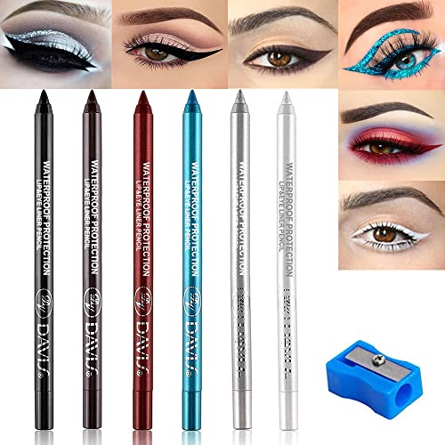 KARNAR 6Pcs White Silver Black Brown Smokey Colored Shimmer Glitter Gel Eyeliner Pencil Pen Set,Eye Liner Shadow Pencils colorful Kit 6只装,12只装