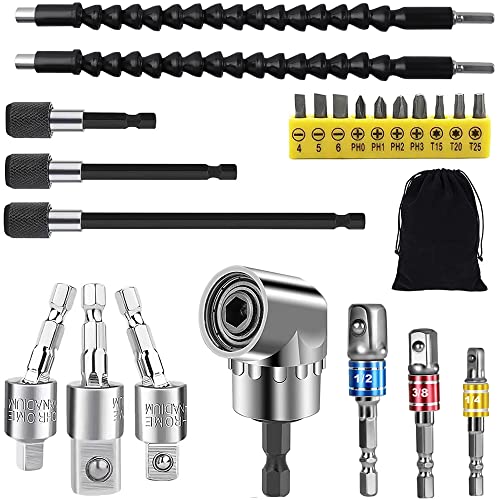 Flexible Drill Bit Extension Set, 105° Right Angle Drill Attachment, 1/4 3/8 1/2In Hex Shank Impact Driver Socket Adapter Rotatable Socket, Bendable Drill Bit Extension Screwdriver Bit