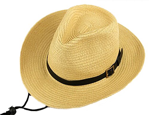 Men's Floppy Packable Straw Hat Beach Cap Western Newsboy Cap Fedora Hat UPF 50+ Roll Up Foldable Large Brim Outback Sun Hat with Adjustable Chin Cord Strap Outdoor Fishing Cap Safari Hat Beige