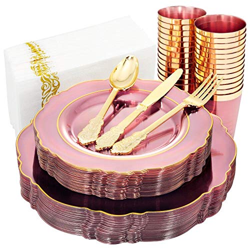 KIRE 210Pcs Clear Pink Plastic Plates with Gold Rim& Disposable Gold Plastic Silverware &Pink Cups&Hand Napkin- Plum Colored Plastic Dinnerware for Upscale Wedding &Parties&Mothers Day