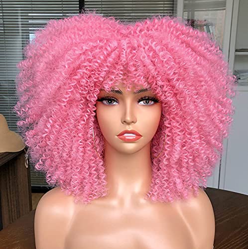 CURLCRAZY Curly Wig with Bangs for Black Women Short Kinky Curly Wig 14inch Afro Hair Halloween Party Christmas Cosplay Wigs (Pink)
