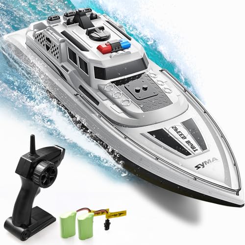 SYMA RC Boat, 1: 28 Scale Simulated Police Boat for Pools and Lakes, High Speed Remote Control Boats for Boys Girls with 4 Channel, 15km/h Speed, 40 Mins Play Time and Low Battery Reminder
