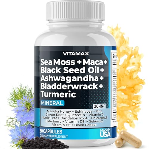 Sea Moss 3000mg Maca 1000mg Black Seed Oil 2000mg Ashwagandha 1000mg Bladderwrack, Turmeric - Manuka, Elderberry, Vitamins C & D3, Chlorophyll, Zinc, Black Pepper - Made in USA (60 Count (Pack of 1)