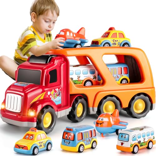 TEMI Toddler Carrier Truck Transport Vehicles Toys - 5 in 1 Toys for 3 4 5 6 7 Year Old Boys, Kids Toy Cars for Toddlers 1-3, Friction Power Set for Kids 3-9, Christmas for 3+