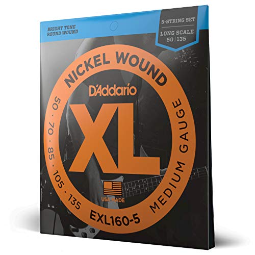 D'Addario Bass Guitar Strings - XL Nickel Bass Strings - EXL160-5 - Perfect Intonation, Consistent Feel, Powerful Durability - For 4 String Bass Guitars - 50-135 Medium 5-String, Long Scale
