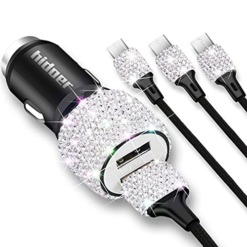 Bling USB Car Charger 5V/2.4A White Crystal Decoration Dual Port Fast Adapter with 4ft Nylon Type C/Micro USB 3-in-1 Multi Charging Cable for iPhone iPad Android, Car Interior Accessories for Women