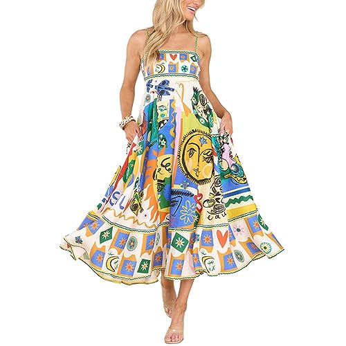 TRURENDI Women Cute Print Long Dress Spaghetti Strap Boho Sleeveless Dress Summer Flowy A-Line Beach Dress (Yellow, L)