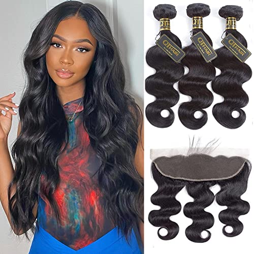 QTHAIR 12A Grade Body Wave Bundles With Frontal(16 18 20+16inch) Brazilian Virgin Human Hair Bundles With 13x4 Free Part Frontal 100% Unprocessed Natural Color Human Hair for All Women