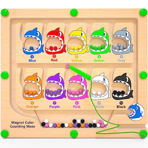 DUKVSG Magnetic Color & Number Maze, Montessori Counting Matching Toys, Wooden Magnet Maze Board Game Fine Motor Skills Toys for 3 4 5 Years Old Preschool Learning Activities