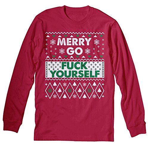 Merry Go Fuck Yourself - Offensive Christmas Sweater - Long Sleeve Shirt - P/Red-XL