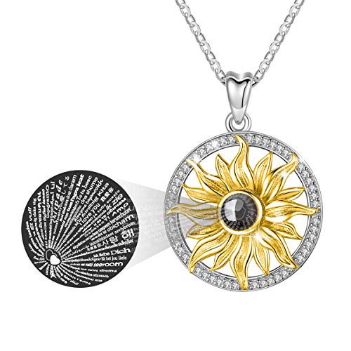 INFUSEU You Are My Sunshine Necklace That Says I Love You in 100 Languages for Women Teen Girls Sunflower Gifts, Gold Sun Projection Pendant Jewelry Sterling Silver for Her