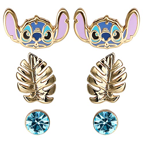 Disney Girls Stitch Earrings 3-Piece Set - Gold Plated 3 Stitch Stud Earrings for Girls - Officially Licensed Stitch Jewelry
