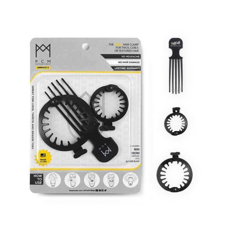 PuffCuff for Men | Mini, Micro and Mini Pick HimPack || | For All Natural, Curly, Kinky, Textured, Locs, and Braided Hair | Painless, Damage-Free Styling Tool | Black | 3 Pieces