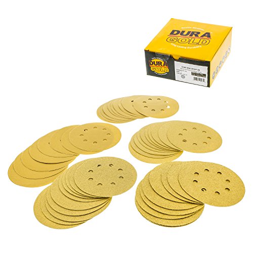 Dura-Gold Premium - Variety Pack - 5' Gold Sanding Discs - 8-Hole Dustless Hook and Loop - 10 Each of Grit (60, 80, 120, 220, 320) - Box of 50 Sandpaper Finishing Discs for Woodworking or Automotive