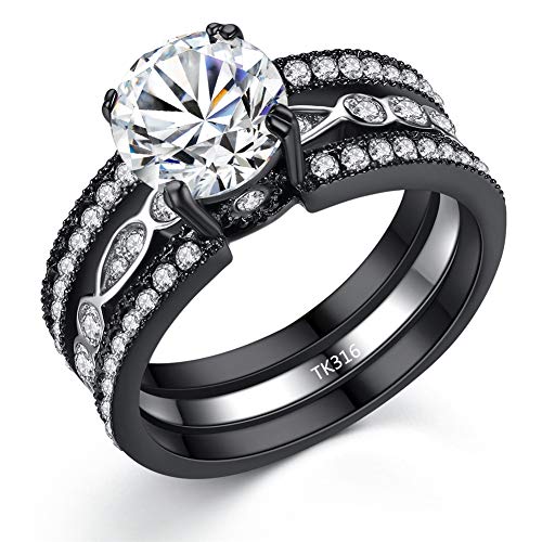 MABELLA CZ Black Wedding Band Engagement Ring Sets Stainless Steel Round Cut Cubic Zirconia Size 7