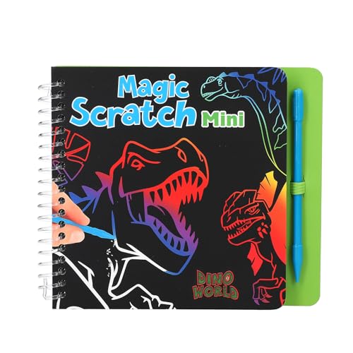 Depesche 12733 Dino World Mini Magic Scratch Book with Cool Dinosaur Motifs for Scratching, Book with Colourful Gradient and Scratch Pen