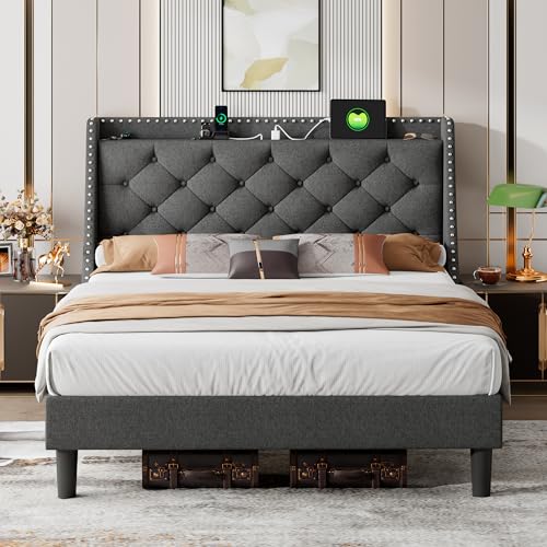 iPormis Queen Bed Frame with 16' Deluxe Wingback & USB & Type-C Ports, Upholstered Platform Beds with Button Tufted Storage Headboard, Solid Wood Slats Support, No Box Spring Needed, Dark Grey