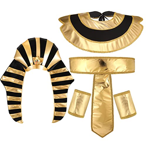 5 Pcs Egyptian Costume Accessory Set, Egyptian Headpiece King Pharaoh Egyptian Belt Egyptian Collar Wristbands King Tut Costume for Men Role Play Cosplay