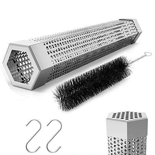 Hexagon Pellet Smoker Tube,12 inch Stainless Steel BBQ Wood Pellet Tube Smoker for Cold/Hot Smoking,5 Hours of Billowing Smoke-for Any Grill or Smoker,with 2 S Shape Hooks+1 Cleaning Brush.