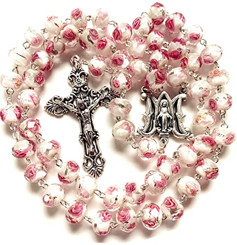elegantmedical Handmade ROSE PINK Veluriyam ROSE BEADS ROSARY & ITALY CROSS MEDAL Catholic necklace GIFT BOX