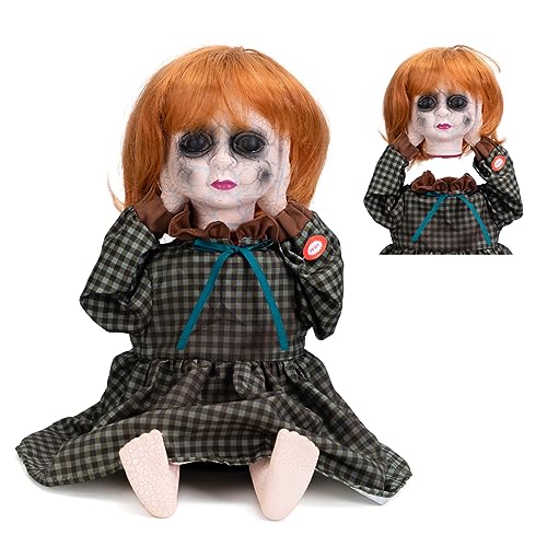 HollyHOME Halloween Creepy Doll with Blonde Hair Animatronic Haunted Doll Prop with Moving Head and Horrible Sound Halloween Outdoor Indoor Decoration