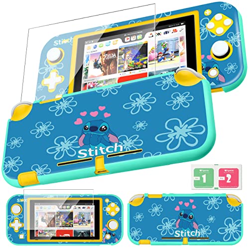 oqpa for Nintendo Switch Lite 2019 Case for Girls Boys Kids PC Cute Kawaii Cartoon Character Design Cool Fun Funny Protective Cases Hard Shell Cover with Screen Protector Glass for Switch Lite,T Stitc