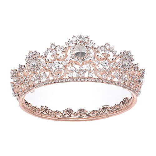 S SNUOY Rose Gold Crowns for Women Rhinestone Bridal Queen Crown Full Round Tiara for Women or Girls Wedding Pageant Prom