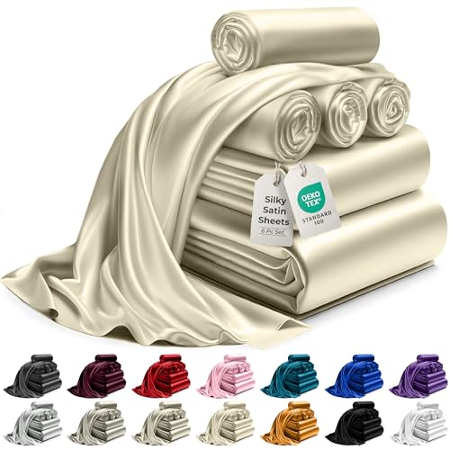 DECOLURE Satin Sheet Queen Set 6pcs - Genuine & Luxurious Silk Feel Sheets Queen w/Deep Pocket - Elegant All-Season Satin Silky Soft Queen Size Satin Bed Sheets - Comfy Satin Sheets Set (Champagne)