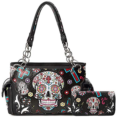 Sugar Skull Rose Flower Day of the Dead Concealed Carry Purse Totes Women Handbag Shoulder Bag Wallet Set (#3 Black Set)