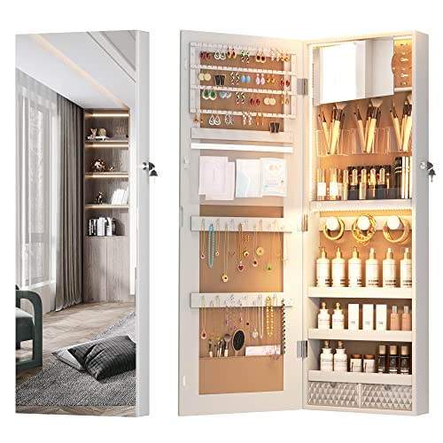 Vlsrka 3 LED Lights Jewelry Cabinet with Full-Length Mirror, Door Hanging/Wall Mounted Jewelry Armoire Organizer with Inner Makeup Mirror, 2 Drawers, Large Capacity Storage for Earrings Rings Necklace