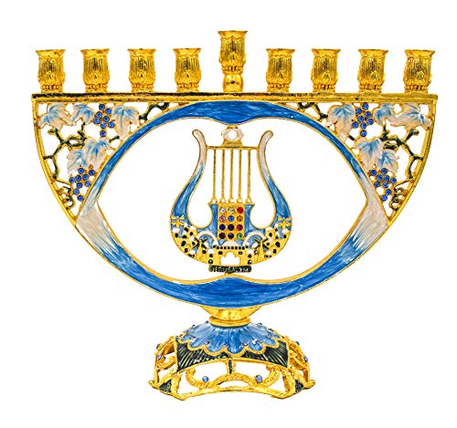 The Dreidel Company Mosaic Artistic Jeweled Menorah (Hand-Painted Jeweled Mosaic Blue & Gold - Harp)
