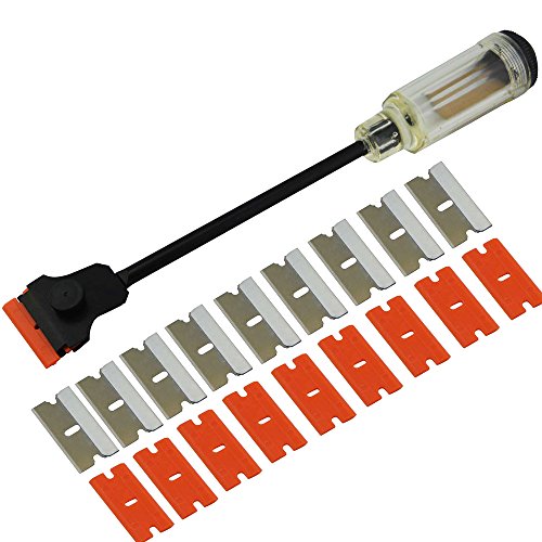 FOSHIO 12' Long Reach Extension Scraper Long Razor-blade Scraper Extra Long Sticker Scraper with 10PCS Double Edged Plastic Razor Scraper Blades and 10PCS Carbon Steel Razor Scraper Blades