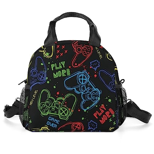 MoBlinko Colorful Joystick Gamepad Insulated Lunch Bags Gaming Cool Print Adult Lunch Box with Shoulder Strap Portable Cooler Bags for Office Picnic Hiking