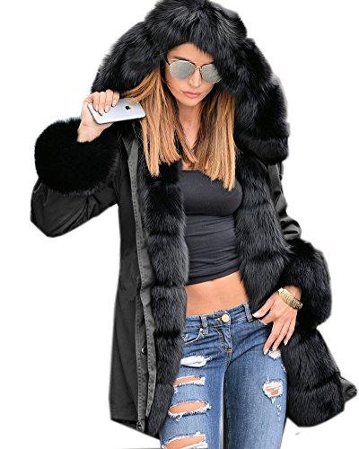 Roiii Women Thicken Warm Winter Coat Hood Parka Overcoat Long Jacket Outwear,Black,Large