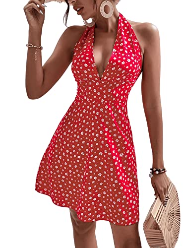 SweatyRocks Women's Boho Sleeveless Halter Floral Dress Tie Backless A Line Mini Dresses Red L