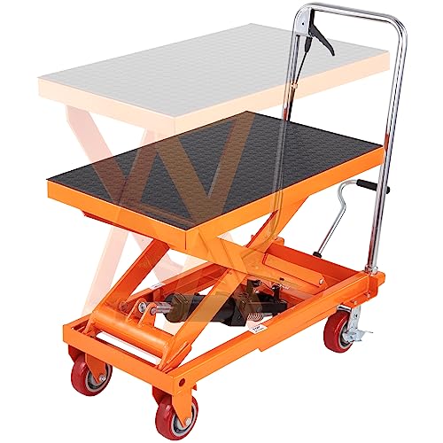 VEVOR Hydraulic Lift Table Cart, 1100lbs Capacity 35.4' Lifting Height, Manual Single Scissor Lift Table with 4 Wheels and Non-slip Pad, Hydraulic Scissor Cart for Material Handling and Transportation