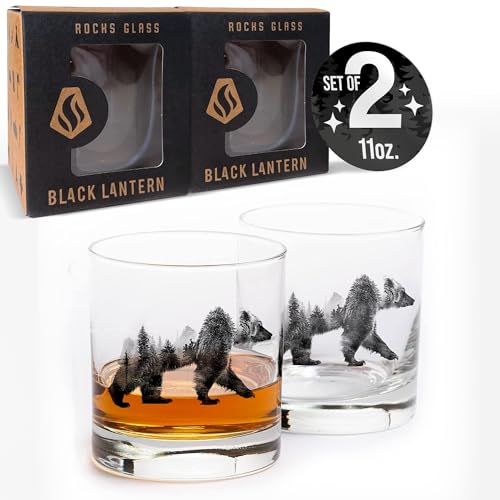 Black Lantern Whiskey Glasses - Unique Themed Cocktail & Everyday Use Drinking Glasses, Perfect for Outdoor Enthusiasts & Nature Lovers (Set of Two 11oz. Glasses) Double Exposure Bear Design