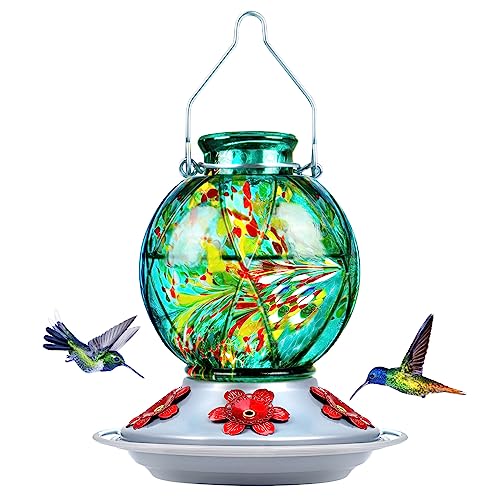 BOLITE Hummingbird Feeder, 18016G Hummingbird Feeders for Outdoors Hanging, Hand Blown Glass, Meshy Texture Ball Shape Bottle, 5 Feeding Ports with Perch, 20 Ounces, Green
