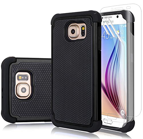 GAMEMIUZ Galaxy S6 Edge Case, S6 Edge Case with [3X HD Soft Screen Protector]， Shockproof Defender Armor Protective Dual Layer Hybrid TPU Plastic Case for Samsugng Galaxy S6 Edge G925 - Black