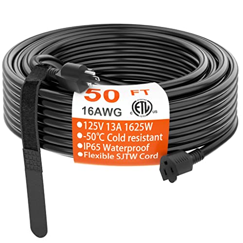 50 FT 16 Gauge Black Indoor Outdoor Extension Cord Waterproof, Flexible Cold Weather 3 Prong Electric Cord Outside, 13A 1625W 125V 16AWG SJTW, ETL Listed HUANCHAIN