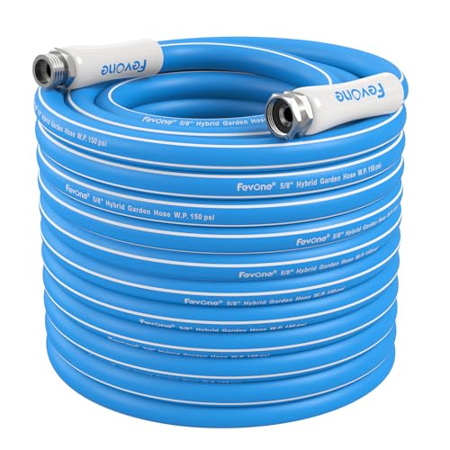 Fevone Garden Hose 100 ft x 5/8', Drinking Water Safe, Heavy Duty Water Hose, Flexible and Lightweight, Hybrid Hose Kink Free, Easy to Coil, Solid Aluminum Fittings - No Leak