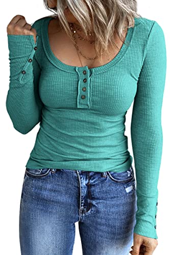 Kissfix Womens Boho Tops Teen Girls Cute Long Sleeve Shirts Casual Fall Henley Button Down Blouses Basic Ribbed Knit Clothes Mint